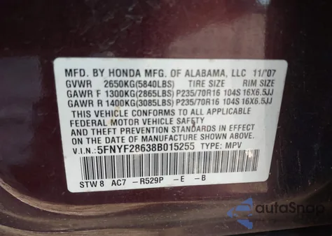 2008 Honda Pilot Ex-L z USA, uszkodzony, nr VIN 5FNYF28638B015255